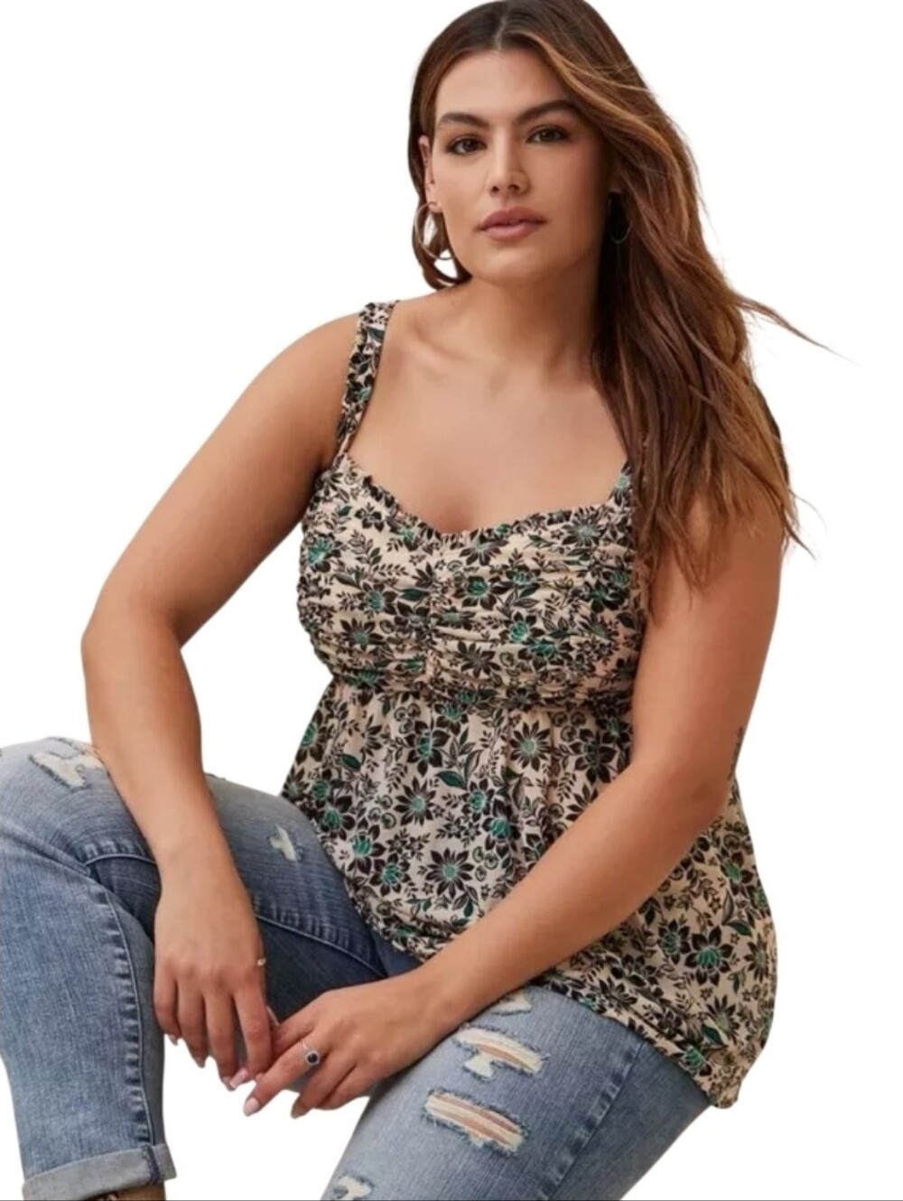 Torrid Floral Babydoll Stretch Mesh Shirred Bodice Tank Top. Size 1X